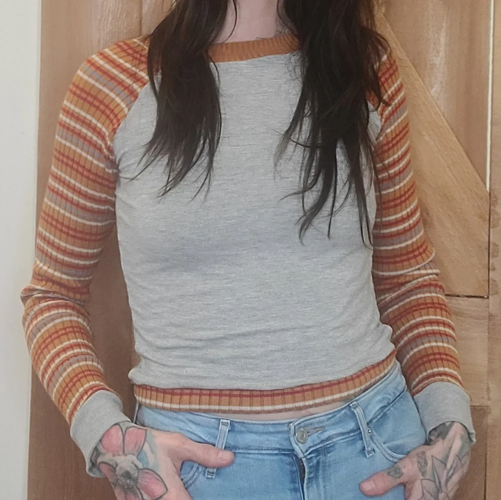 Handmade Retro Gray and Orange Striped Long Sleeve Top - Picture 3 of 6